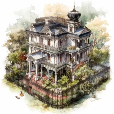 watercolor, hyper realistic, white background, white margins, 16k, ultra detailed clipart, cut out image, hand-drawn, whimsical bird's eye view of a sprawling Victorian mansion with a large garden, surrounded by a wrought-iron fence in shades of black and gold.