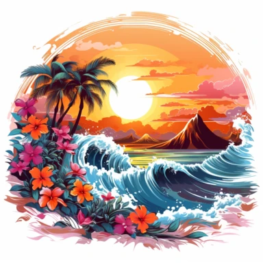 artwork majestic palm tree in digital painting style, beautiful flowers, sunrise mountains and clouds, big sea waves japanese style, water splashes, white background, colorful fantasy flower surround, highly detailed clean, vector image, photorealistic masterpiece, professional photography, realistic, flat white background, isometric, vibrant vector, clipart, illustration, realism, 4k, cinematic, front view, white background