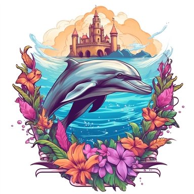 dolphin, close up, a sticker, artwork of t shirt graphic of majestic forest, in digital painting style , beautiful flowers, sunset mountains and clouds , big vines, stone temple covered in vines, white background, colorful fantasy flower sorround , highly detailed clean, vector image, photorealistic masterpiece, professional photography, realistic, flat white background, isometric, vibrant vector, clipart, illustration, realism, 4k, , cinematic, front view, white background, paradise, extremely 