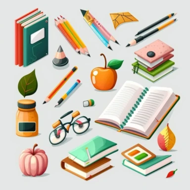 Create a set of digital clipart that showcases the joys of learning and education, designs should feature school supplies, such as pencils, textbooks, and backpacks. white background