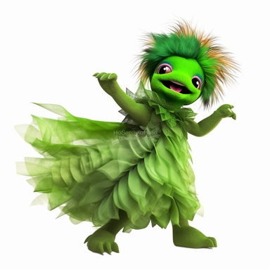 green baby girl Godzilla, looks like an alien, doing high step dance moves, wearing a designer dress made from Phoenix feathers , ultra high fashion, wearing ruby neck scarf, techno lighting, disney cuteness, plain white background, cutout clipart