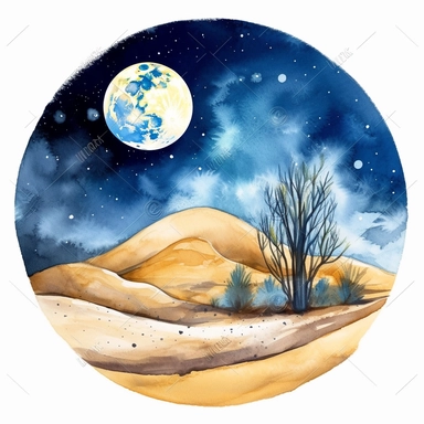 clipart style, watercolor scene of A dreamlike depiction of a desert landscape under a moonlit night sky. The sand dunes ripple across the scene, while the moon and stars illuminate the arid terrain, creating a serene and otherworldly atmosphere, HD, on white background