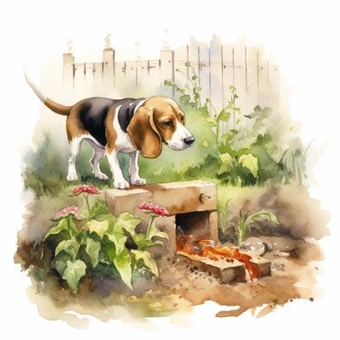 An eager Beagle sniffing out a hidden treat in the backyard. Clipart, watercolor painting.