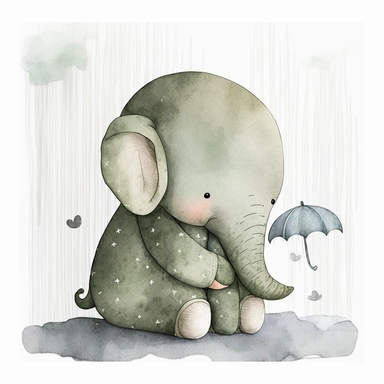 cute animal wall clipart, baby elephant in the style of atmospheric watercolor organic designs, soft and dreamy, dark silver and light green, storybook illustration, plush doll art
