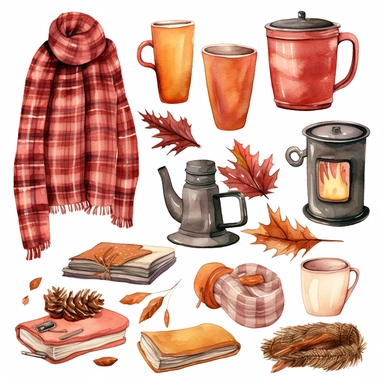 Watercolor Illustrate clipart sets featuring warm and cozy autumn essentials like sweaters, scarves, hot drinks, blankets, and bonfires, whitebackground