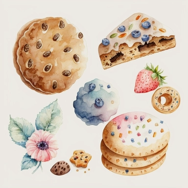 Watercolor, cookies, fruit cookie, watercolor clipart, bakery, tasty, watercolor illustration, transparent background, png, high detail, 8k