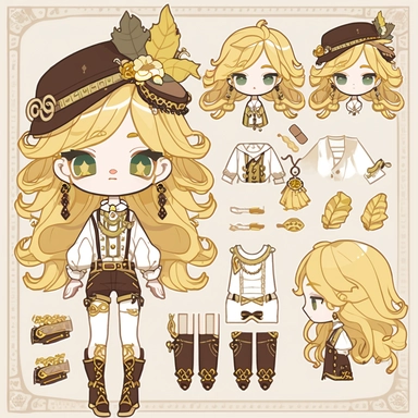 character sheet, knoling, clipart, inventory catalog, cute chibi character, golden wavy long hair, long bangs, yellow-green eyes, flat chest, beautiful young boy, gothic, frill, lace shirt, high West brown shorts, yellow bird, mimosa, yellow jewelry, ribbon