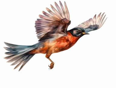 Redwing flying Watercolor isolated on white background, Watercolor Clipart painting, high quality, HD, children's book illustrations, realistic lifelike figures, white background