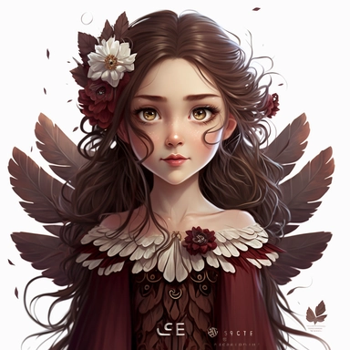 lilly stone, beautiful smiling fairy with large wings, 10 year old girl with long dark brown wavy hair, burgundy dress, big eyes, BENTE SCHLICK style illistration, sparklecore, flowers, hyper detailed, white background, mid shot, clipart