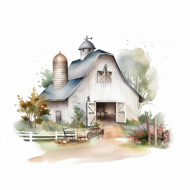 pretty white painted barn clipart, painted white, pretty charming farmyard setting with plants trees and farm accessories, fence, detailed watercolor illustration, light color palette, farmyard accessories, isolated on white background