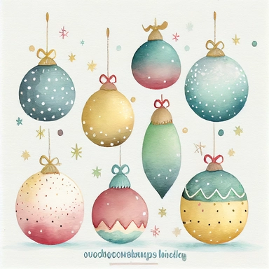 A watercolor painting of christmas ball collection, christmas, cute detailed digital art, inspired by nicoletta ceccoli, by Kubisi art, whimsical and cute, by nicoletta ceccoli, cute detailed artwork, glimmering, adorable and whimsical, whimsical art, Clipart style, png style, svg style, blank white background, a solid white background