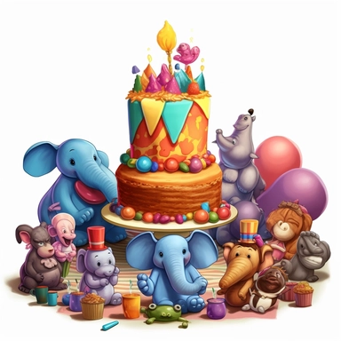 anime 300 dpi clipart An elephant wearing a party hat and blowing out candles on a cake, surrounded by animal friends with gifts.