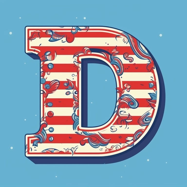 isolated flat clipart on a white background of a cute letter D on a blue background and red horizontal stripes tshirt design graphic, in the style of daniel f. gerhartz, transcendent, nikon d850, art of burma, captures the essence of nature, in the style of organic forms and patterns, expansive skies, hyper-detailed illustrations, i can't believe how beautiful this is, lively colors