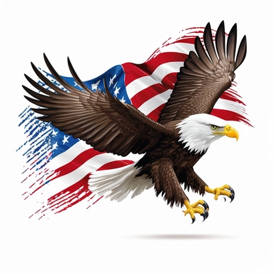 eagle flying, amercian flag in the background, clipart, white background flag with the stars on the left