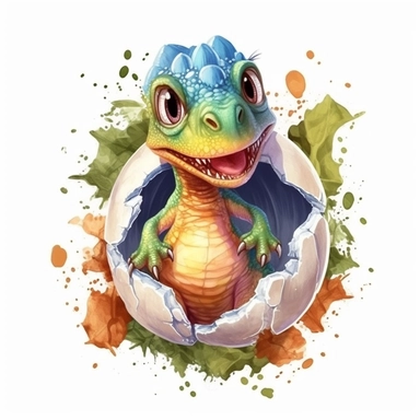 t-rex baby cute dinosaur hatching from egg, realistic, kids cartoon sublimation watercolor clipart design