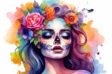 beautiful girl holding a insulin vial, half of her face is a skull, colorful vibrant flowers, watercolor clipart