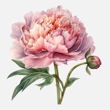 a single pink peony, summer flowers ,clipart, watercolor style, fantasy, ultra detailed, white plain background, single object, print on demand image, PNG transparent background, white background for removing background