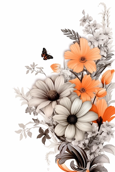 flower corner freebie floral border clipart, in the style of black and white realism, orange and gray, uhd image, tattoo, monochromatic paintings, contemporary fairy tale, eye-catching detail