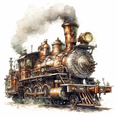 Steampunk train with smoke billowing from the chimney. Clipart watercolor style, highly detailed, glow, 8k, white background, no caption.