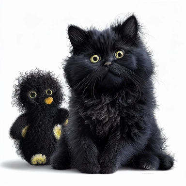A cute fluffy black cat with a stuffed animal, clipart, full body, white background, in the style of claude monet