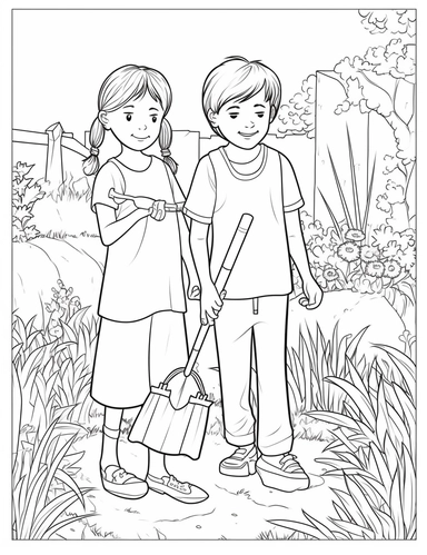 a coloring page of drawing of a boy and a girl standing next to each other, a child's drawing, international gothic, digging, clipart, she is the center of the garden, dirty, robustly ordinated, monotone, cleaning future, outline, sakimimichan, grown up , perfect coloring, no colors, pixer, no black shadowy , colouring pages