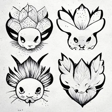 Pokémon style animal, tattoo flash sheet, separate images, black and white, sticker, line art, clipart, white border
