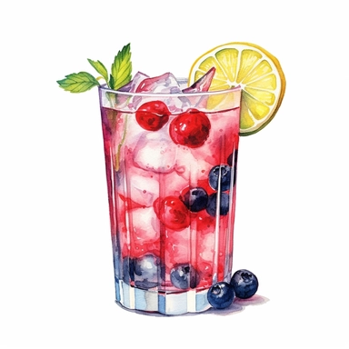 Tom Collins Cocktail Clipart, Water Color, white background, detailed