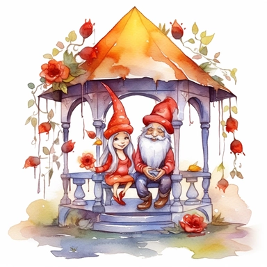 Watercolor magical gnome couple sitting in a gazebo watercolor clipart on white background, vivid colors, enchanting scene clipart on a white background in the style of feminine sticker art, Tanya Shatseva, storybook illustration, red, white and caramel tones, Georgia O'Keeffe, colored line art, colored outlines, cottagecore design, watercolor on white background, crisp tones, sticker outline, colored line art, colored outlines, iridescent ombre, gradient shading, pure tone, vibrant digital art 