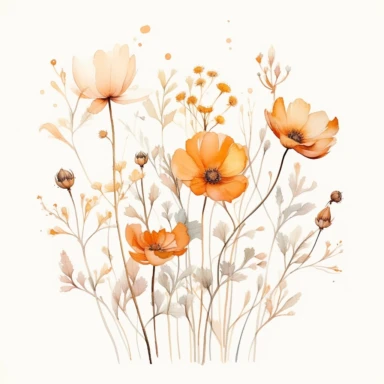 small simple wild flowers cliparts, light orange, muted tones, ink and watercolour, 2d illustration, lithograph, sharp/prickly, white background, mandy disher, amy sol