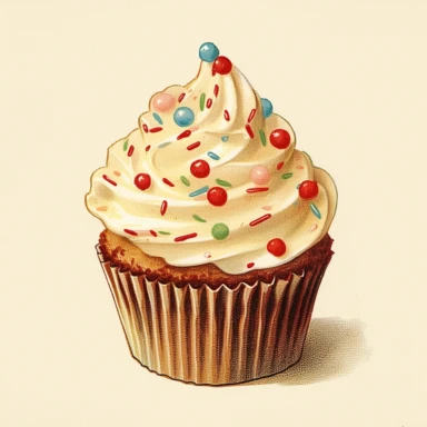 vintage Christmas cupcake clipart, with frosting, sprinkles, candy, m’n’ms, 1940s , chromolithograph, on a cream colored background