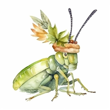 Enchanting green grasshopper with a leaf hat, watercolor, clipart, on isolated on white background.