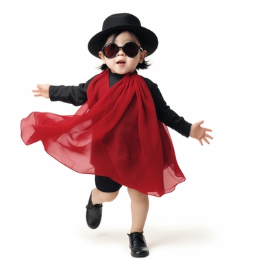 Singer Yoko Ono as a 2 year old toddler, wearing a classic black satin chanel dress, red shoes, red velvet bowler hat, gold silk scarf, dancing, irradiant facial expression, plain white background, clipart