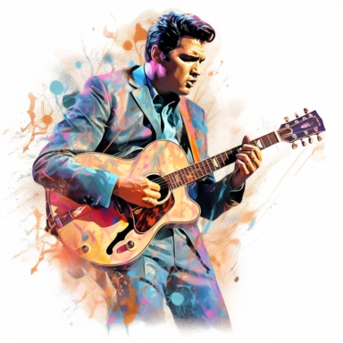 portrait view, full view, beautiful jewel colors, beautiful image of Elvis Presley with guitar and microphone, romantic, fantasy, sharp focus, high detail, 8k illustration clipart style, transparent background, (--iw 8)
