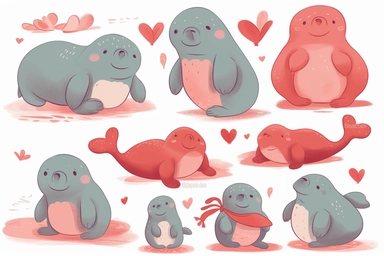 Cute Manatee in valentine Day clipart, cartoon, white background,