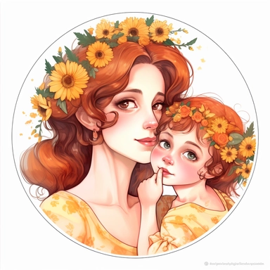 cute mom loving her little one art wallpaper, face closeup, in the style of dark amber and light amber, made of flowers, feminine sticker art, tokina opera 50mm f/1.4 ff, colorful drawings, massurrealism clipart, white background, png