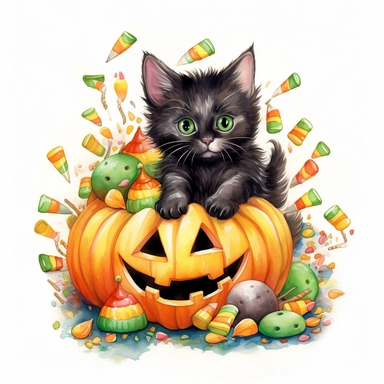 a large Halloween pumpkin, pumpkin is filled with colorful wrapped candies, lollipops, and candy corn, inside the pumpkin is a cute little black kitten with big green eyes, scattered candy is laying flat around the pumpkin, Halloween colors, magic, fantasy, watercolor, clipart style, white background with margins