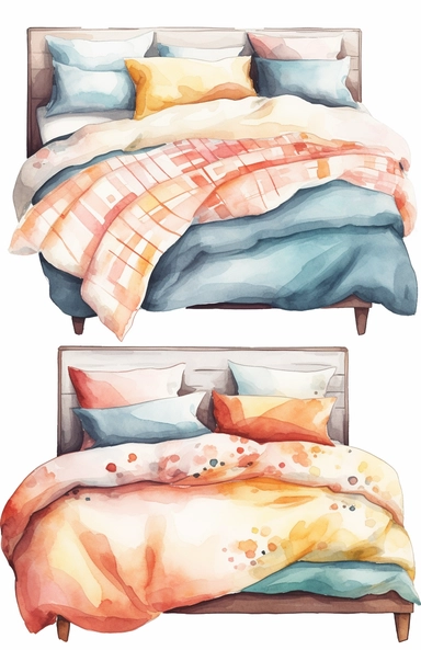 hand drawn watercolor bedding illustration set, vector clipart, in the style of Lois Van Baarle and Craig Mullins, in the style of Pixar, realistic hyper-detail on white smooth background with margins