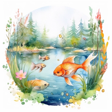 poisson multi color dans un lac en foret Watercolor Nursery Clipart