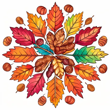a vibrant scalable vector clipart composition showcasing a collection of colorful fall leaves, intertwined with acorns, capturing the essence of autumn's beauty.
