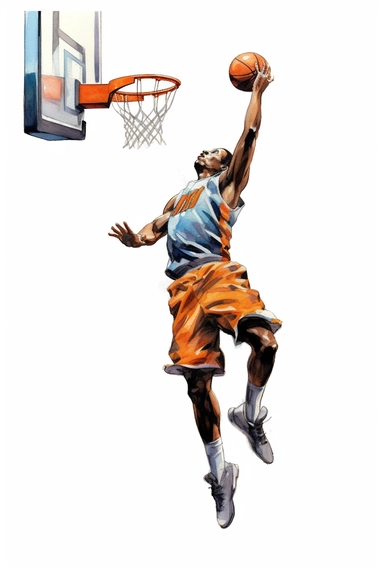 Bank Shot: The bank shot involves bouncing the ball off the backboard before it goes into the hoop. Create clipart images depicting players positioned at an angle, releasing the ball towards the backboard., playing basketball is drawn in watercolor paint,against white background, in the style of hyperrealistic pencil drawings, jocelyn hobbie, highly realistic, eye-catching, hyper-realistic pop, valentin serov
