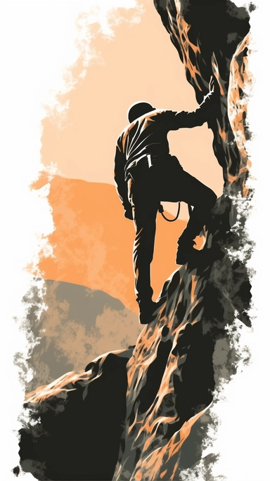 man rock climbing up a very high wall, minimal duotone clipart, 2d art trending on artstation, point of view from the floor, transparent background