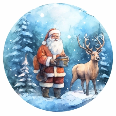 Clipart on blue backgraund red Santa Claus with a Christmas deer in a snowy green forest water color