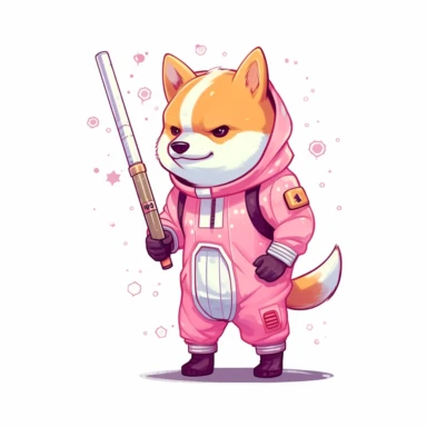 Shiba inu dog in pink spacesuit, holding a real baseball bat, white background, clipart style, cartoon style