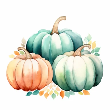 create a clipart of one watercolor pumpkin inspired by calming oceanic colors. Choose trendy shades like teal, seafoam green, coral, and sandy beige for each section of the pumpkin . Create gentle watercolor washes and incorporate subtle seashell or wave patterns to evoke a serene and coastal vibe