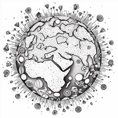 globe bursting with life, b&w lineart, minimalist style, white background, full body, picture, coloring book style on white background, well composed, clean coloring book page, No dither, no gradient, strong outline, No fill, No solids, vector illustration, clipart, simple, cartoon –ar 9:11 –v 5