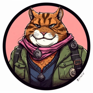caricature short fat tabaxi mafia ranger lothario, Mike Allred Josh Kirby Mad Max Dungeons & Dragons, handpainted enamel punk zine indie retrowave, clipart illustration, circular solid background, circular border