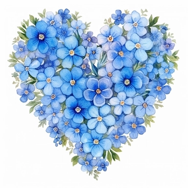 watercolor clipart illustration of beautiful victorian style forget-me-not flowers in a pretty heart shape, mandala style, vibrant bright colors, isolated on a white background, plants, bright, flora bloom design, digital art, highly detailed, 8K