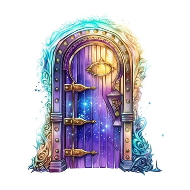 cartoon fairy door, glowing lights and sparkles, colors of green purple gold and blue, glamorous realistic and detailed, watercolor, white background with margins, clipart style