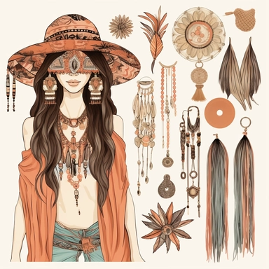 Boho Fashion Accessories: Design clipart showcasing bohemian fashion accessories like wide-brimmed hats, layered necklaces, statement earrings, fringed bags, flowing scarves, and boho-inspired clothing pieces. These elements can be incorporated into fashion illustrations or used in fashion-related designs with vibrant colors, organic shapes, and a sense of free-spiritedness to capture the essence of bohemian decoration.