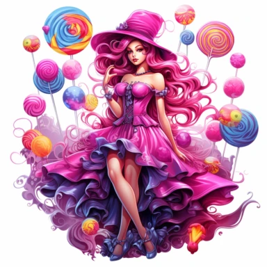 Sharp Illustration of a fantasy sweet candy witch clipart aginst white background in watercolor style, majestic scene, beautiful witch, sweets, vibrant colors, bubble gum, pink dress, colorful candies, illustration style, vibrant colors, unreal engine 5, detailed illustration, high resolution, high quality, solid white background